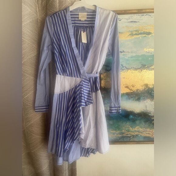 Maeve Anthropologie blue and white striped long sleeve short dress size 6 - Picture 2 of 15
